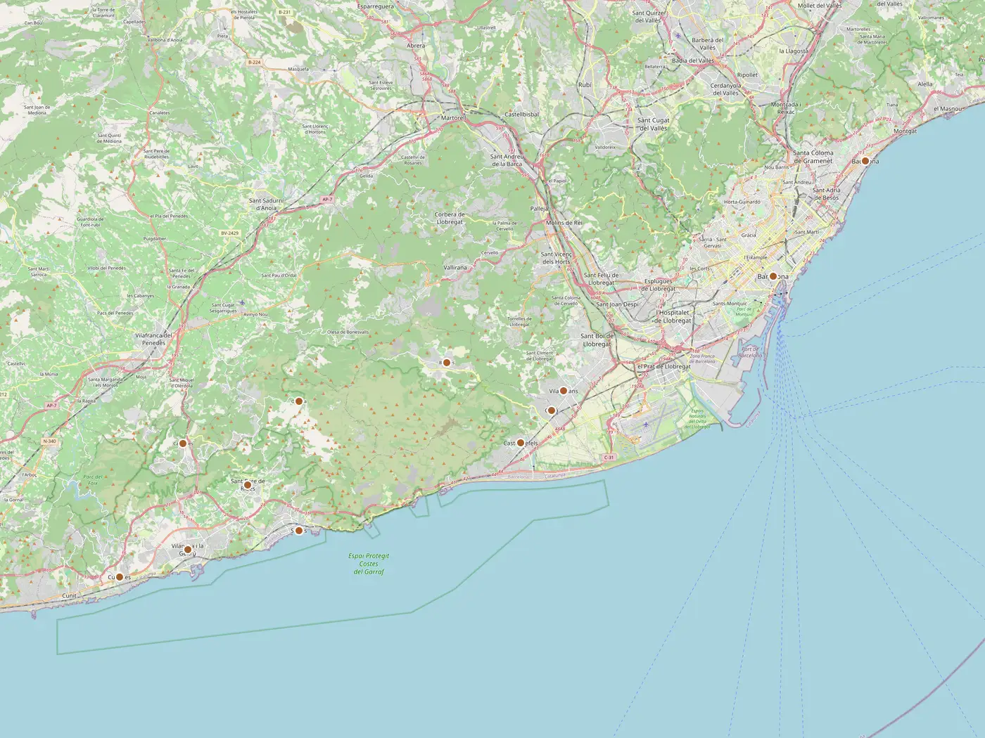 Mapa de Barcelona i el Garraf, amb un punt a cada municipi on anem.