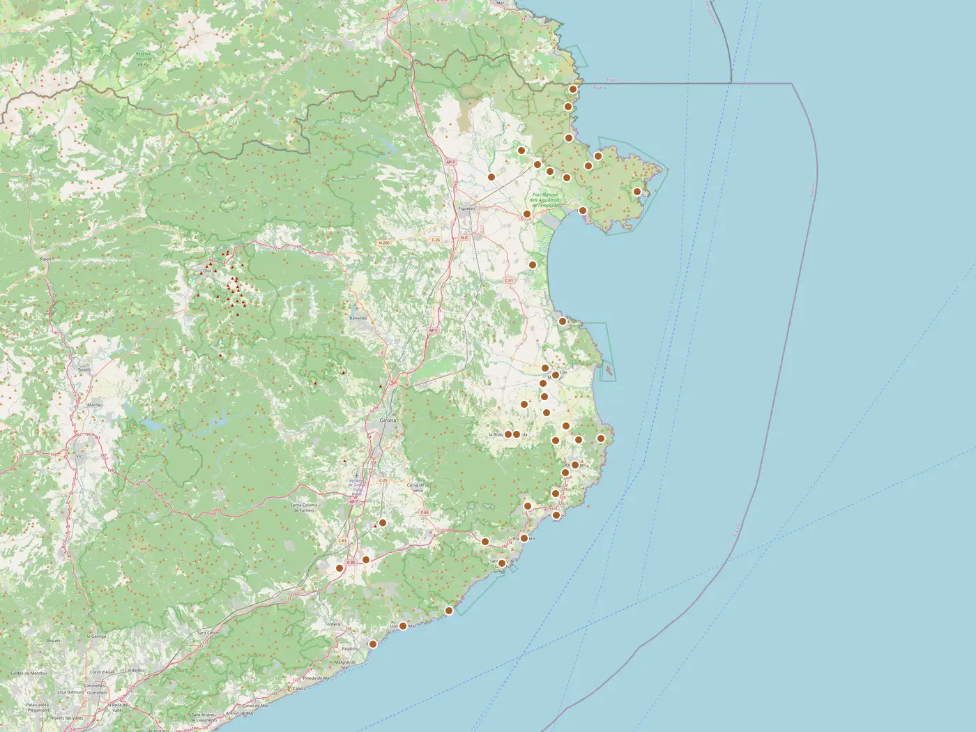 Mapa de Costa Brava, amb un punt a cada municipi on anem.