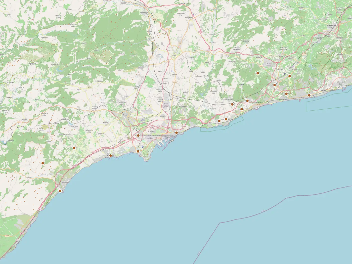 Mapa de Costa Daurada, amb un punt a cada municipi on anem.