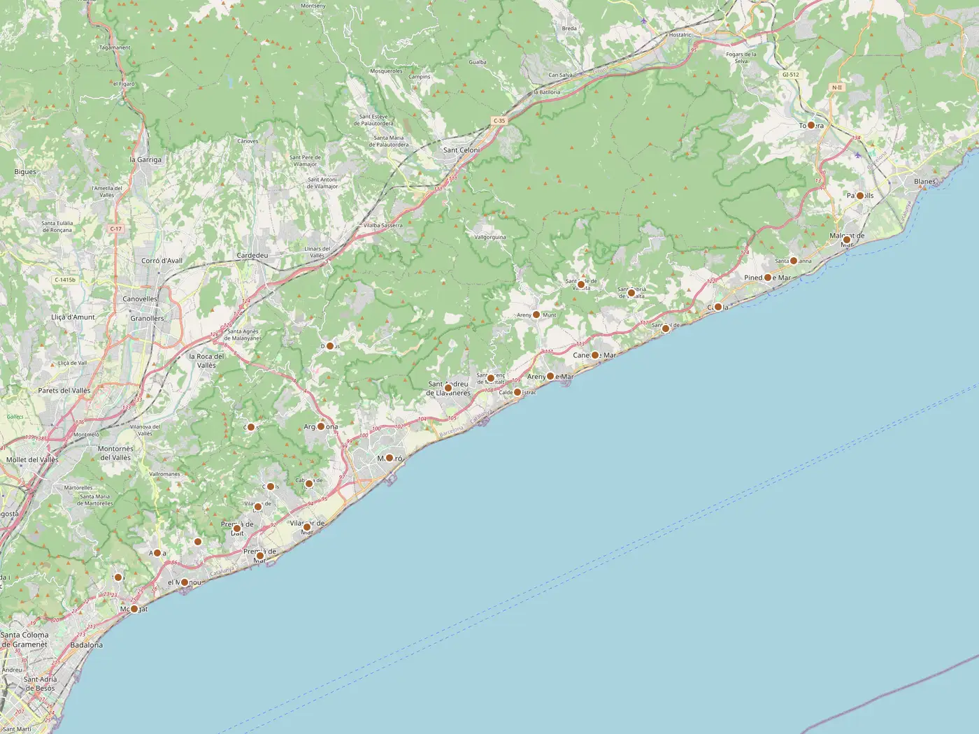 Mapa de Maresme, amb un punt a cada municipi on anem.