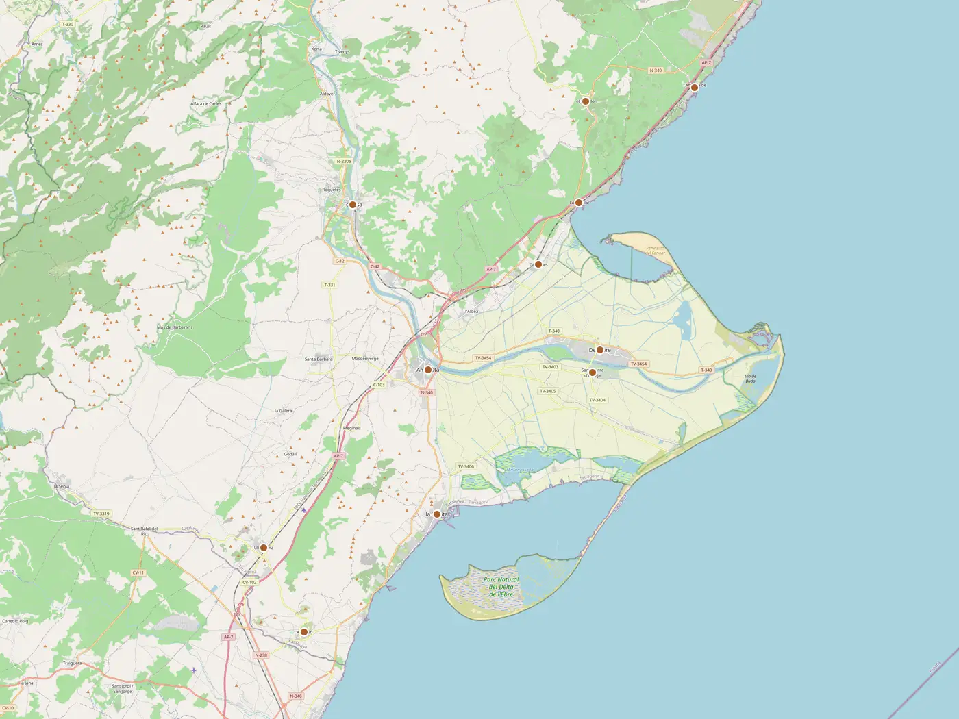 Mapa de Terres de l'Ebre, amb un punt a cada municipi on anem.
